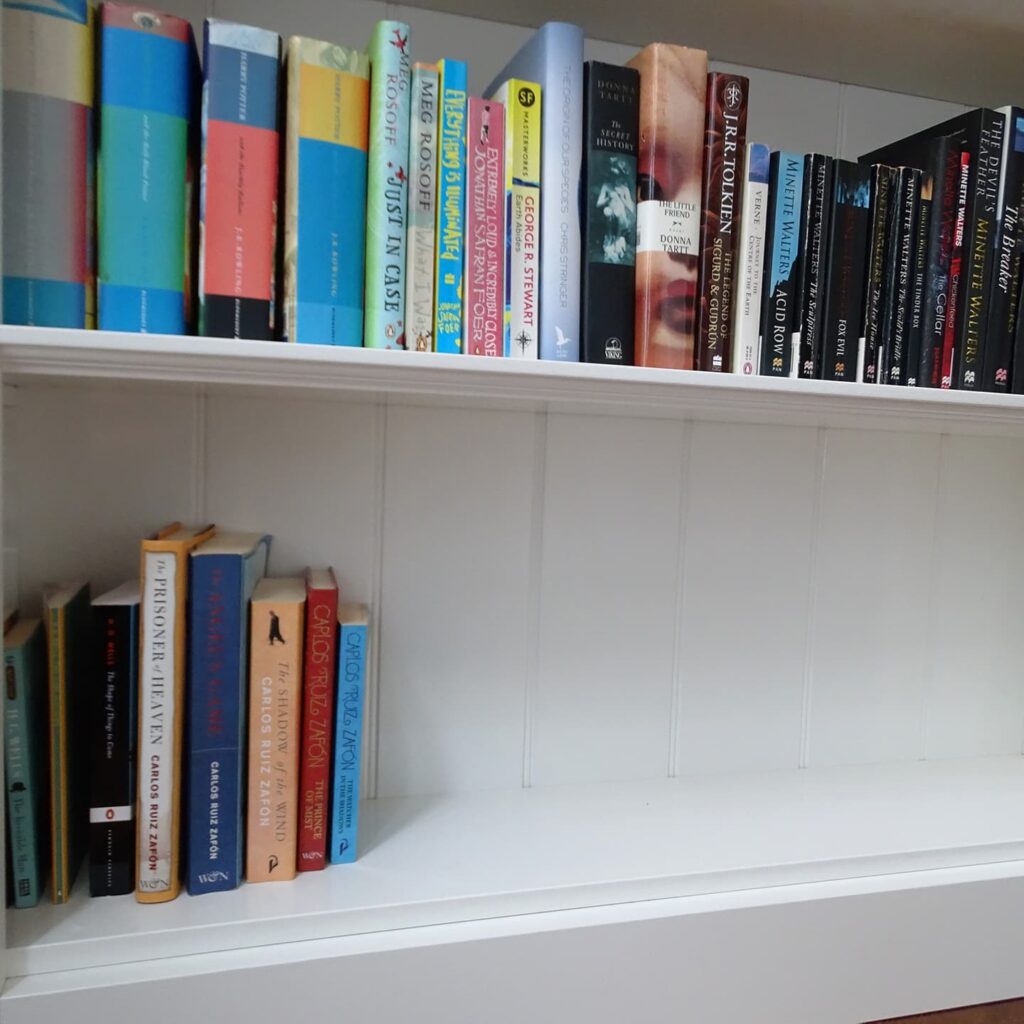detailfoto boekenkast in Hilversum met kraaldelen achterwand Interieuver